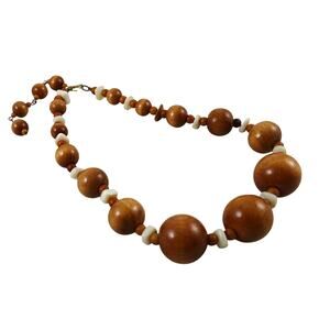 Vintage Wooden Bead & Shell Choker Necklace Statement Boho Beach Jewelry